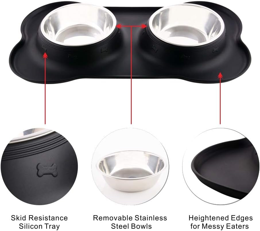 Dog Bowls with Mat, Cat Water Food Bowl Set (13.5Oz Each) in No Spill Silicone Mat, Dual Pet Feeder Bowl for Puppy, Cats, Small Medium Dogs (Bone Shape, Black)