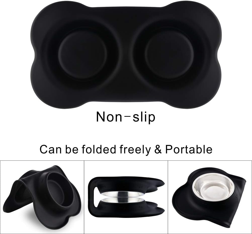 Dog Bowls with Mat, Cat Water Food Bowl Set (13.5Oz Each) in No Spill Silicone Mat, Dual Pet Feeder Bowl for Puppy, Cats, Small Medium Dogs (Bone Shape, Black)