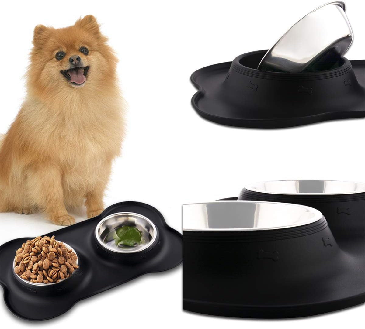 Dog Bowls with Mat, Cat Water Food Bowl Set (13.5Oz Each) in No Spill Silicone Mat, Dual Pet Feeder Bowl for Puppy, Cats, Small Medium Dogs (Bone Shape, Black)